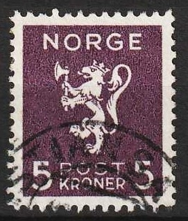 FRIMÆRKER NORGE | 1940 - AFA 211 - Ny tegning - 5 kr. dybviolet - Stemplet